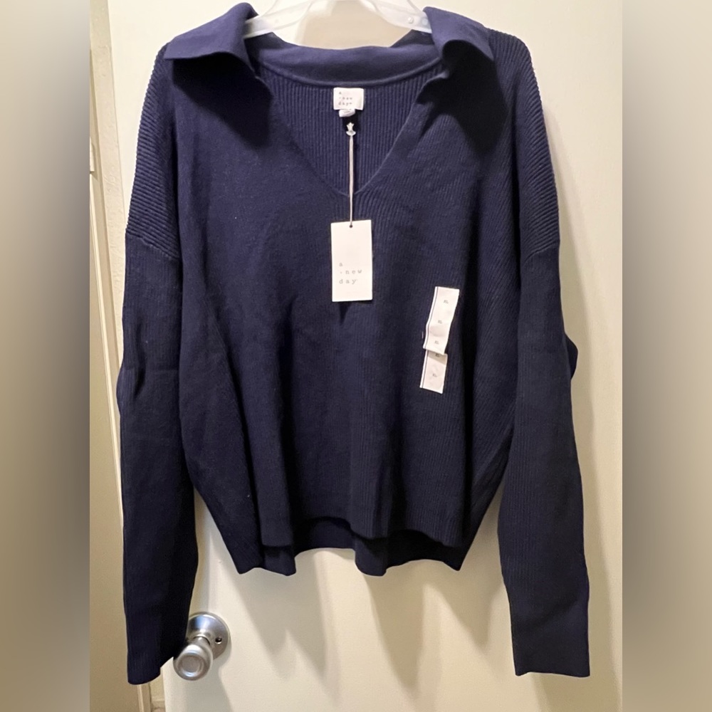 a new day Navy V-Neck Collared Sweater